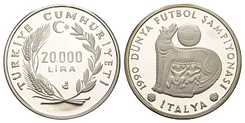 Турция 20000 лир 1990 Чемпионат мира по футболу 1990, Капитолийская волчица KM 995 серебро PROOF 1083-1-24