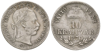 Венгрия 10 крейцеров 1870 KB, Франц Иосиф I (1848-1916) KM 451 серебро 4549-138