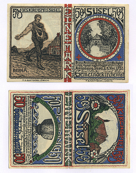 Германия, Зюзель 1 марка (2 Х 50 пфеннигов) 1920 нотгельд, сеятель, перфорация Grabowski 1301.1а бумага aUNC 444-16-1