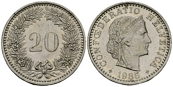 Швейцария 20 раппенов 1985 KM 29a медно-никель 4167-636