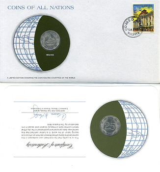 БОЛИВИЯ 25 СЕНТАВО 1972 КОНВЕРТ С МАРКОЙ ПЕРВОГО ДНЯ ГАШЕНИЯ, COINS OF NATIONS KM 193 сталь плакированная никелем UNC 4294-12-1