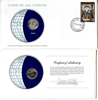Греция 5 драхм 1976 конверт с маркой первого дня гашения, Coins of Nations KM 118 медно-никель UNC 4294-25-2