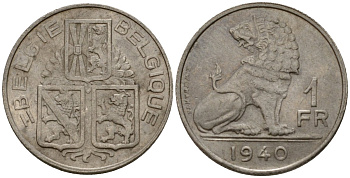 Бельгия 1 франк 1940 Belgie - Belgique KM 120 никель 217-926