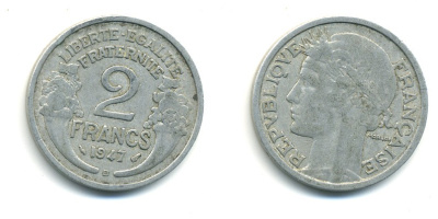 Франция 2 франка 1947 В KM 886а.2 алюминий 80-636