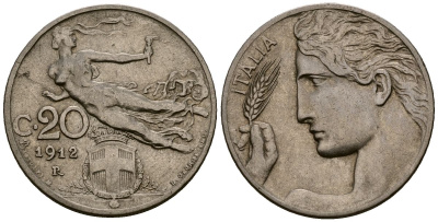 Италия 20 чентезимо 1912 R, Виктор Эммануил III (1900-1946) KM 44 никель 4177-851