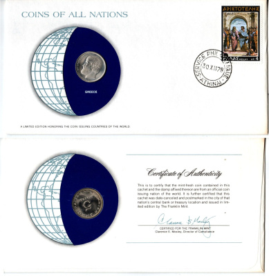 Греция 5 драхм 1976 конверт с маркой первого дня гашения, Coins of Nations KM 118 медно-никель UNC 4294-25-2