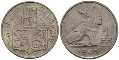 Бельгия 1 франк 1940 Belgie - Belgique KM 120 никель 217-926
