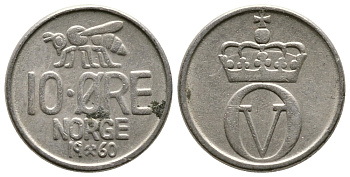 Норвегия 10 эре 1960 пчела, Улаф V (1958-1991) KM 411 медно-никель 220-462
