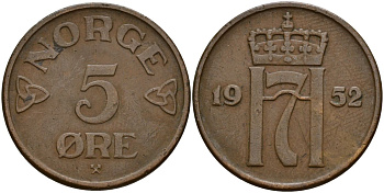 Норвегия 5 эре 1952 Хокон VII (1905-1957) KM 400 бронза 4150-852
