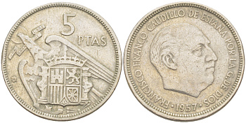 ИСПАНИЯ 5 ПЕСЕТ 1957 (60) ФРАНСИСКО ФРАНКО ДИКТАТОР ИСПАНИИ ( 1939- 1975) KM 786 медно-никель 216-647