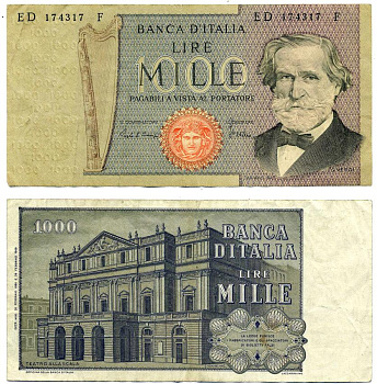 Италия 1000 лир 1980 20 февраля 1980 Джузеппе Верди, Милин Ла Скала, серия F Pick 101g бумага 6280-64-3-1