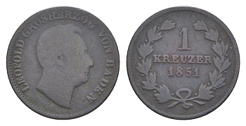 Баден 1 крейцер 1851 Леопольд (1830-1852) KM 218 медь 4639-528