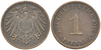 ГЕРМАНИЯ 1 ПФЕННИГ 1912 A KM 10, J. 10 медь 112-1119