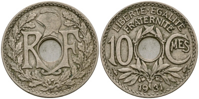 Франция 10 сантимов 1931 KM 866a медно-никель 51-2631