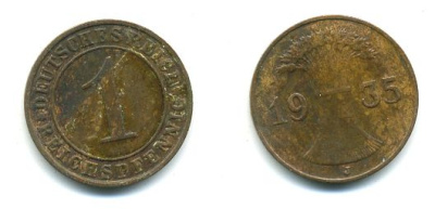 Германия 1 рейхспфенниг 1935 J KM 37, J. 313, Weege 2 бронза 46-1128