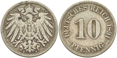 ГЕРМАНИЯ 10 ПФЕННИГОВ 1891 A KM 12, J. 13, Weege 8 медно-никель 261-1242