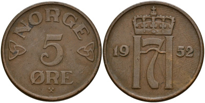 Норвегия 5 эре 1952 Хокон VII (1905-1957) KM 400 бронза 4150-852