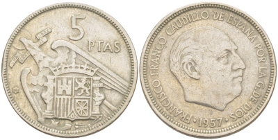 ИСПАНИЯ 5 ПЕСЕТ 1957 (60) ФРАНСИСКО ФРАНКО ДИКТАТОР ИСПАНИИ ( 1939- 1975) KM 786 медно-никель 216-647