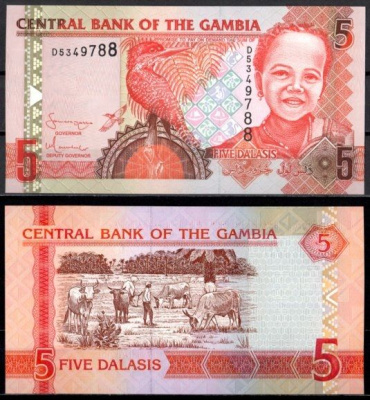 Гамбия 5 даласи 2001 Pick 20 c бумага UNC (пресс) 7214-32-4-2