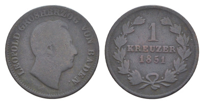 Баден 1 крейцер 1851 Леопольд (1830-1852) KM 218 медь 4639-528