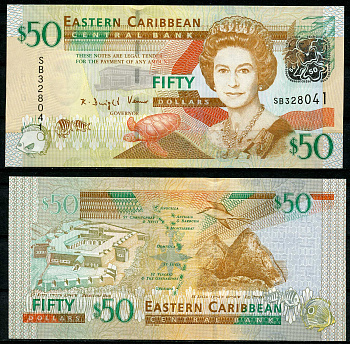 Восточно-Карибские штаты 50 долларов ND (2012) Елизавета II (1952-2022), черепаха Pick 54 b  бумага UNC (пресс) 00-00