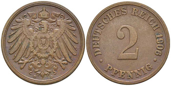 ГЕРМАНИЯ 2 ПФЕННИГА 1906 D KM 16, J. 11, Weege 4 медь 206-519