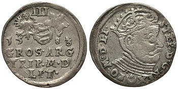 Великое княжество Литовское 3 гроша (трояк) 1583 Стефан Баторий (1576-1586), король Польский и Великий Князь Литовский, вес 2,37 гр. Gumowski 758, Kopicki 3370, Iger V.83.1 серебро 1516-1332