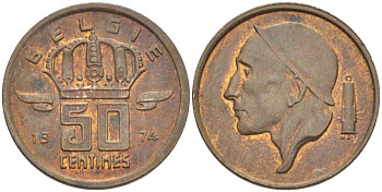 Бельгия 50 сантимов 1974 Belgie, Бодуэн I (1951-1993) KM 149.1 бронза 3458-122