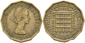 Великобритания 3 пенса 1961 Елизавета II (1952-2022) KM 900, Spink 4153 никель латунь 4561-1032