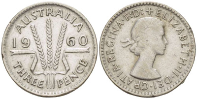 Австралия 3 пенса 1960 m, Елизавета II (1952-2022) KM 57 серебро 4516-616
