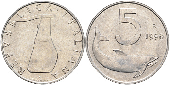 Италия 5 лир 1998 R, дельфин KM 92 алюминий  UNC  4594-928