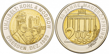 Германия медаль 2009 серия 20 лет объединения Германии, встреча Гельмута Коля и Ганса Модроу в Дрездене 1989 год, Бранденбургские ворота, сертификат  биметалл  UNC  1094-6-31