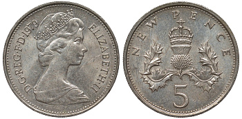 Великобритания 5 пенсов 1979 Елизавета II (1952-2022) KM 911, Spink 4233 (D1) медно-никель 4122-956