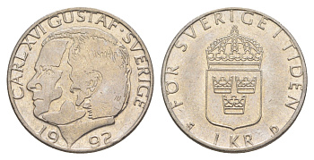 Швеция 1 крона 1992 U, Карл XVI Густав (1973- ) KM 852a медно-никель 4633-947