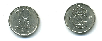 Швеция 10 эре 1967 U, Густав VI Адольф (1950-1973) KM 835 медно-никель 4364-917