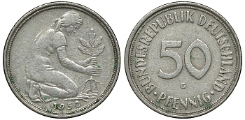 ФРГ 50 ПФЕННИГОВ 1950 G KM 109.1, J. 384 медно-никель 72-724