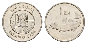 Исландия 1 крона 1996 треска KM 27a сталь плакированная никелем UNC 4635-113