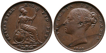 Великобритания 1 фартинг 1848 Виктория (1837-1901) KM 725, Spink 3950 медь  1518-1034