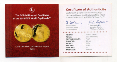 Испания 100 евро 2017 чемпионат мира по футболу в России KM NEW золото PROOF 10-014-14