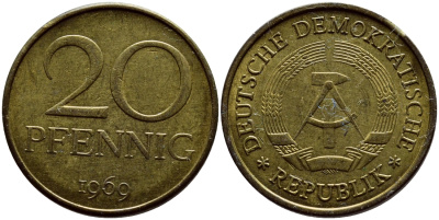 ГДР 20 пфеннигов 1969 А, первый год KM 11 латунь UNC 4398-1151