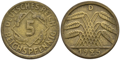 Германия 5 рейхспфеннигов 1925 D KM 39, J. 316 алюминиевая бронза 4151-726