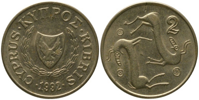 Кипр 2 цента 1992 KM 54.3 никель латунь 4158-437