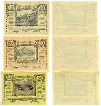 Австрия, Дюрнштайн набор из 3 банкнот 10, 20, 50 геллеров 1920 31 октября 1920, нотгельд, земля Нижняя Австрия   бумага  аUNC  7555-25-2-1