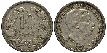 ЛЮКСЕМБУРГ 10 САНТИМОВ 1901 ВЕЛИКИЙ ГЕРЦОГ АДОЛЬФ (1890-1905) КМ 25 медно-никель 4538-712