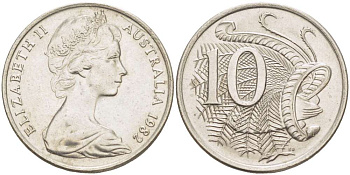 Австралия 10 центов 1982 Елизавета II (1952-), птица лирахвост KM 65 медно-никель 4519-425