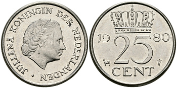 НИДЕРЛАНДЫ 25 ЦЕНТОВ 1980 ЮЛИАНА KM 183 никель 96-261