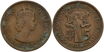 Кипр 5 милей 1955 Елизавета II (1953-) KM 34 бронза 4159-735