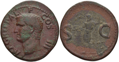 Римская Империя асс 37 - 41 Марк Агриппа M AGRIPPA LF COS III Рим Very fine (Монета отчеканена императором Калигулой в честь Марка Агриппы), 10,59 гр RIC 58 медь 1073-1-4-5