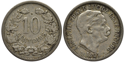 ЛЮКСЕМБУРГ 10 САНТИМОВ 1901 ВЕЛИКИЙ ГЕРЦОГ АДОЛЬФ (1890-1905) КМ 25 медно-никель 4538-712