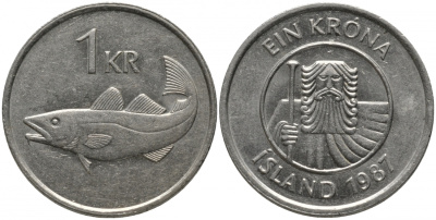 Исландия 1 крона 1987 треска KM 27 медно-никель 181-637